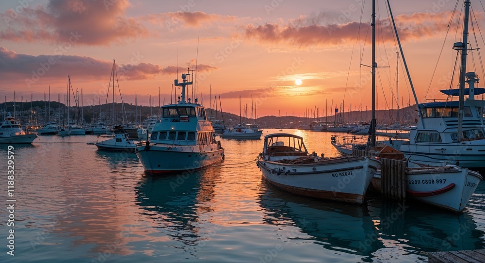 Fototapeta premium Calm Harbor with Boats at Sunset