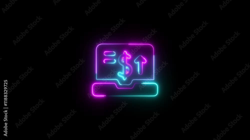 glowing pink and Cyan color neon dollar and calling icon with laptop , arrow sign animation . Variable Costs Icon Style Animation on black background . 4k HD video glowing pink and Cyan color neon dollar and calling icon with laptop , arrow sign animation . Variable Costs Icon Style Animation on black background . 4k HD video