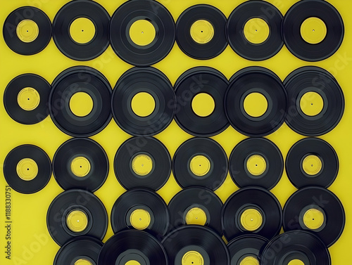 Vinyl Records Form a Vibrant Pattern on a Yellow Background, Showcasing a Collection of Musical Discs. photo