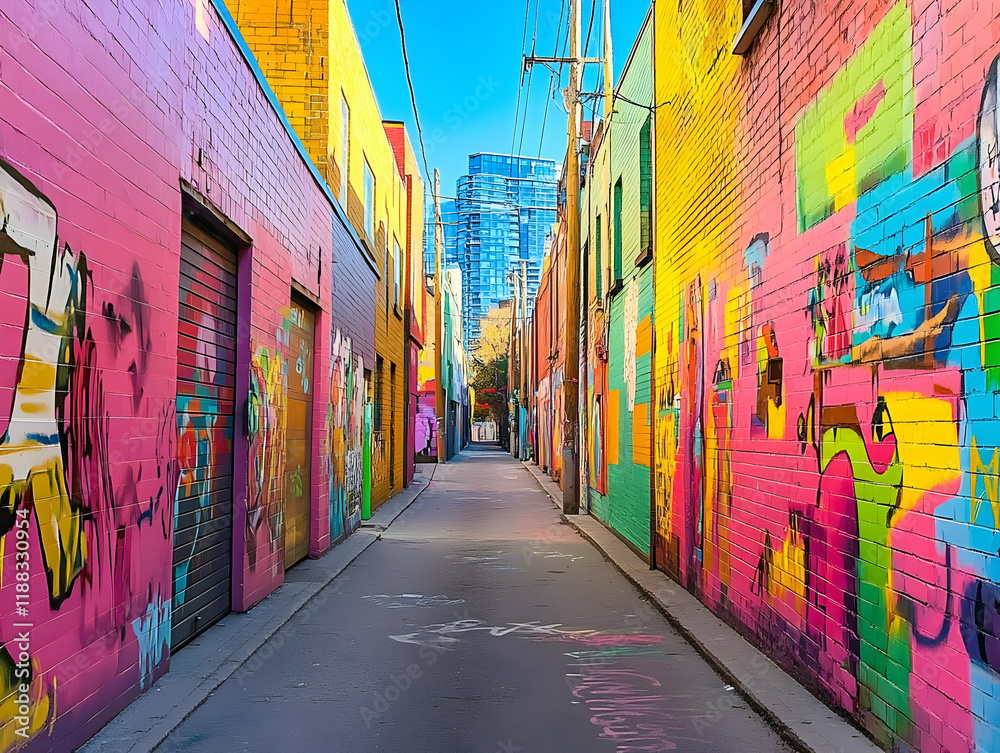 Fototapeta premium Vibrant Alleyway Showcases Colorful Graffiti Art on Brick Walls Under a Clear Sky