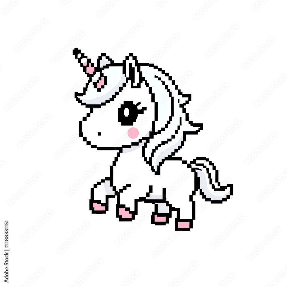 Adorable Pixel Art White Unicorn with Pink Accents Adorable Pixel Art White Unicorn with Pink Accents