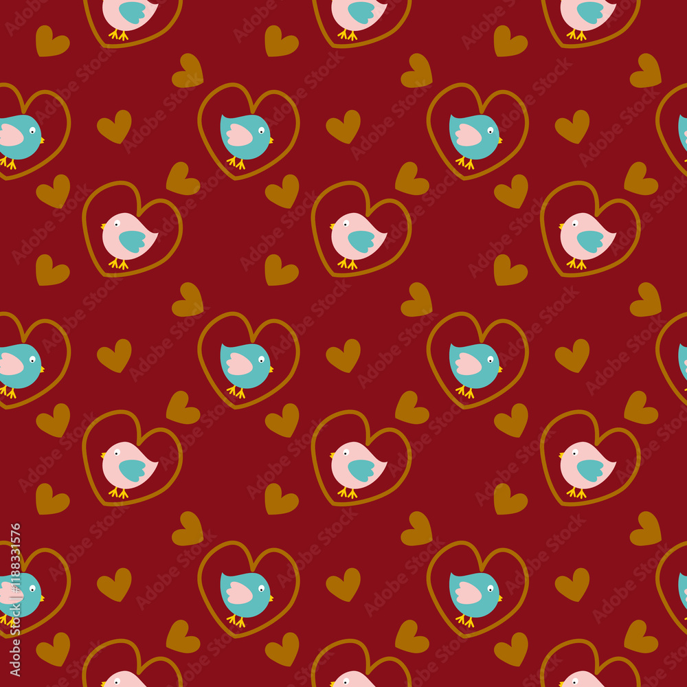 Seamless pattern consisting of two pink and blue birds cartoon in a gold heart, gold hearts around on a red background. Ideal for Valentine's Day designs, gift wrapping, and fabric prints.