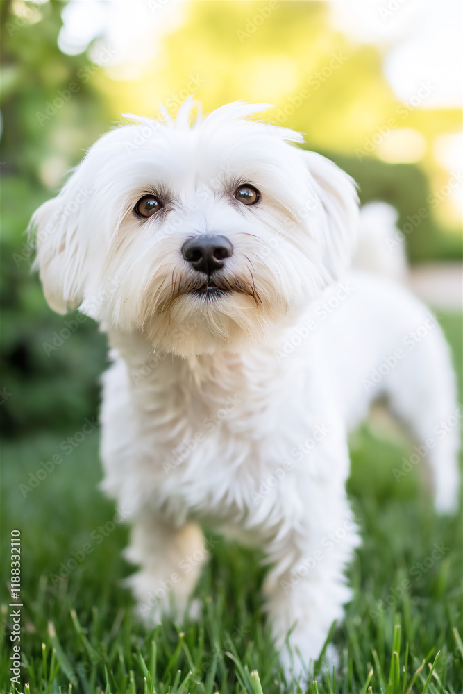 Fluffy white Maltese dog standing in a green grassy area, looking alert and cheerful, with natural sunlight creating a vibrant and fresh outdoor scene. Fluffy white Maltese dog standing in a green grassy area, looking alert and cheerful, with natural sunlight creating a vibrant and fresh outdoor scene.