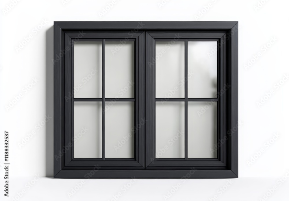 Black double-hung window with muntins against white background. Black double-hung window with muntins against white background.