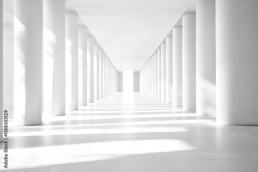 A wide, empty concrete corridor with symmetrical columns and a white light beam illuminating the center of it. A wide, empty concrete corridor with symmetrical columns and a white light beam illuminating the center of it.