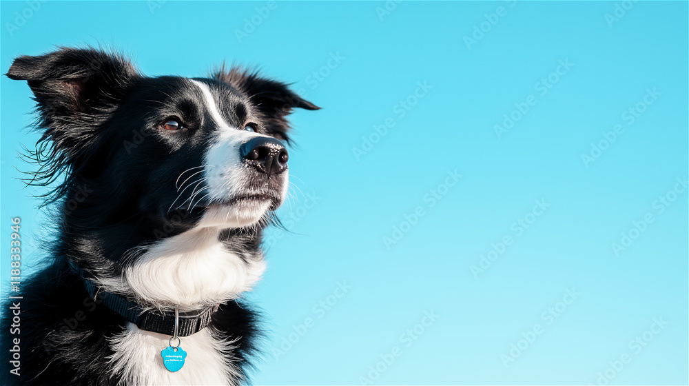 A Border Collie with striking blue eyes gazes intently, set against a bright blue sky. The image emphasizes intelligence and focus, ideal for pet care or training visuals. A Border Collie with striking blue eyes gazes intently, set against a bright blue sky. The image emphasizes intelligence and focus, ideal for pet care or training visuals.