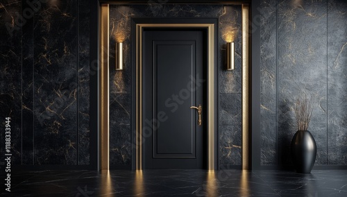 Elegant black door in a luxury marble hallway with gold accents.