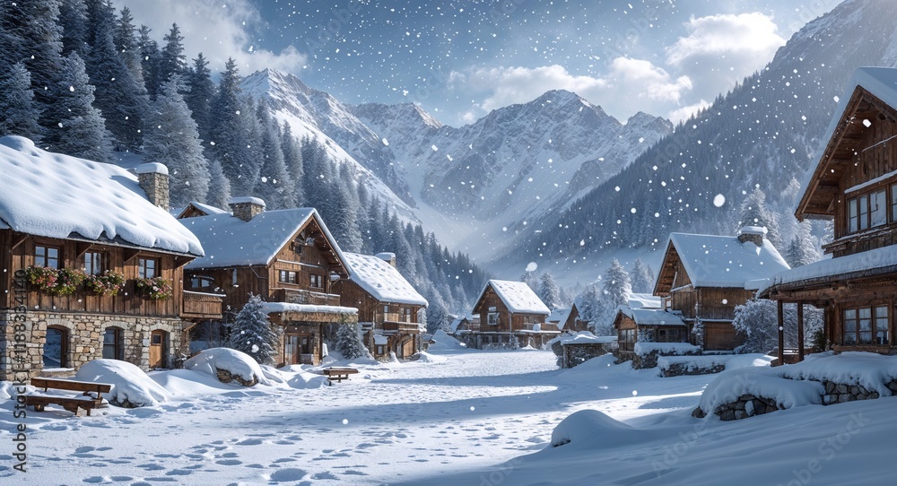 Snowy Mountain Village with Snowflakes Gently Falling Snowy Mountain Village with Snowflakes Gently Falling