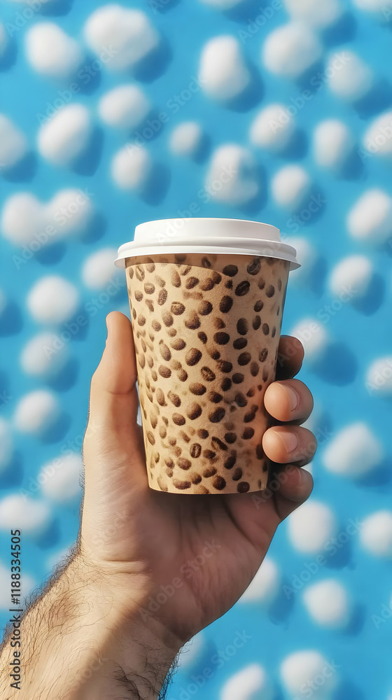 Hand Holding Coffee Cup with Coffee Bean Design Against Blue Sky with Fluffy White Clouds Background Hand Holding Coffee Cup with Coffee Bean Design Against Blue Sky with Fluffy White Clouds Background