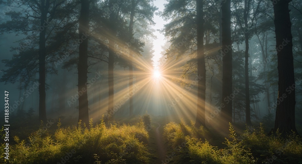 Obraz premium Sunlight Piercing Through a Misty Forest