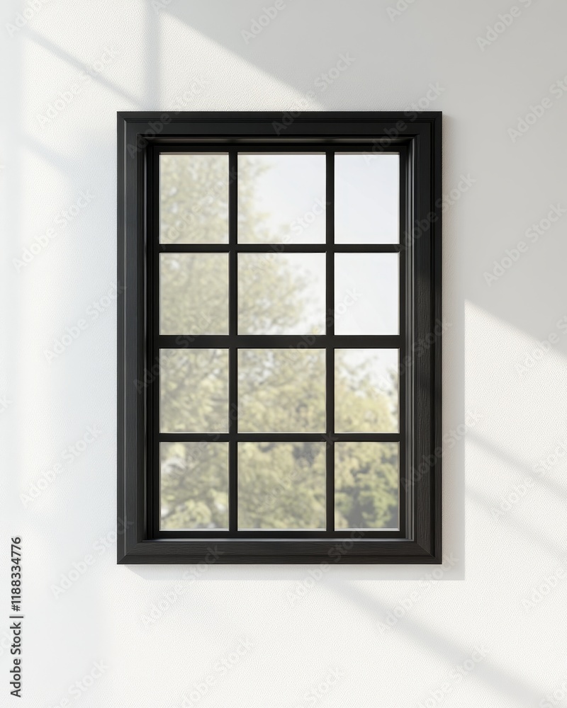 Black framed window with 12 panes showing sunlit trees. Black framed window with 12 panes showing sunlit trees.