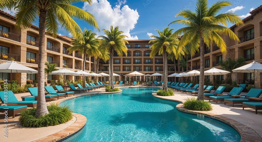 Fototapeta premium Tropical Resort Pool with Loungers and Palm Trees