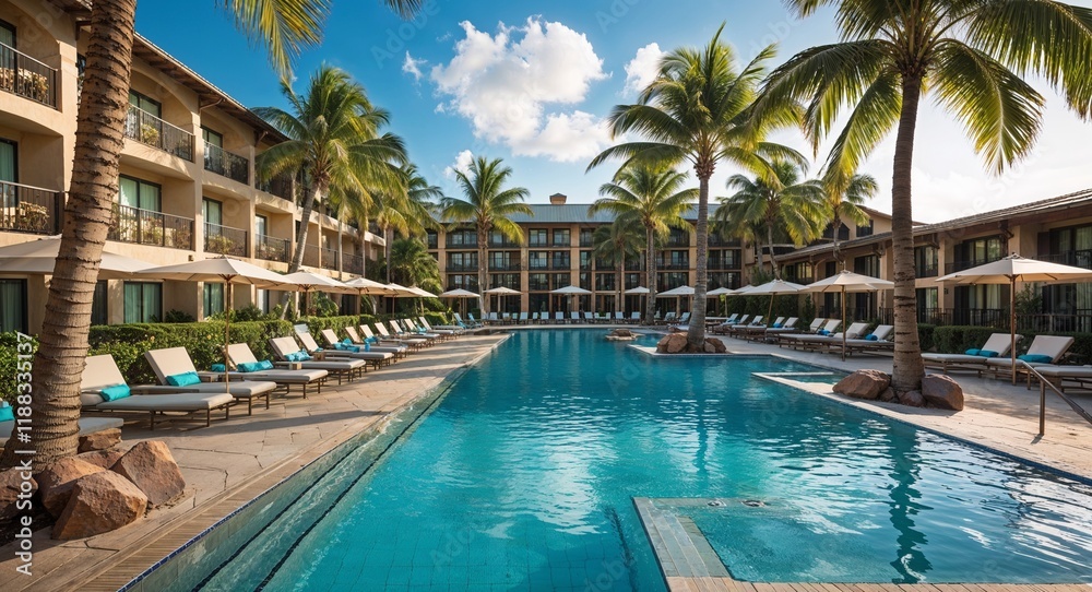 Fototapeta premium Tropical Resort Pool with Loungers and Palm Trees