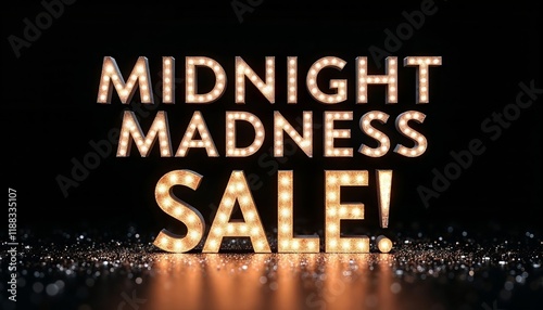 Glamorous evening sale concept featuring 'MIDNIGHT MADNESS SALE!' with shimmering sparkles on a black background