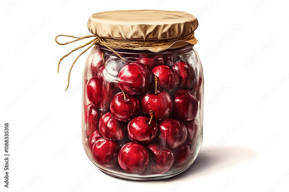 Delicious cherry jam in a rustic jar with fresh cherries on a bright white background Delicious cherry jam in a rustic jar with fresh cherries on a bright white background