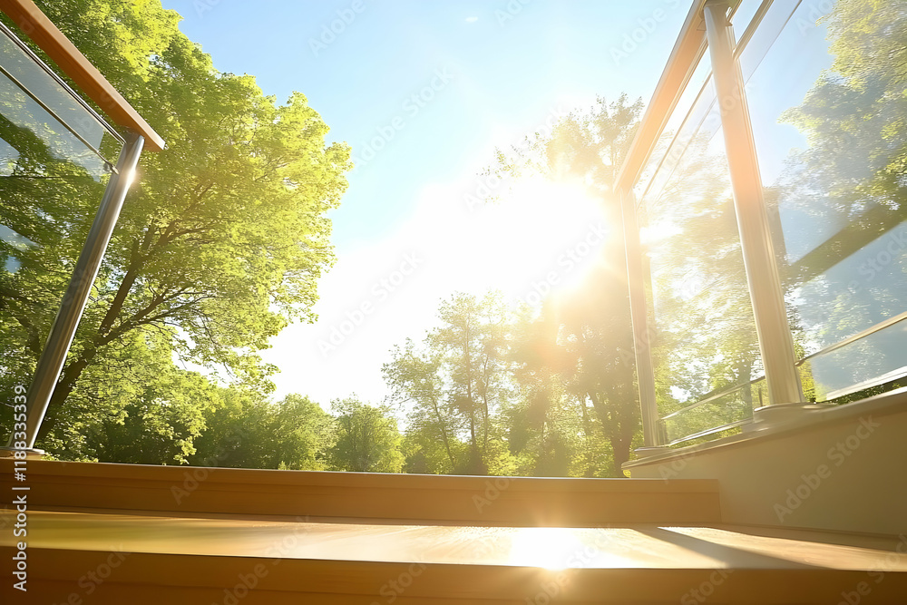 Sunlit Wooden Stairs Leading to a Balcony with Glass Railing and Lush Green Trees Sunlit Wooden Stairs Leading to a Balcony with Glass Railing and Lush Green Trees