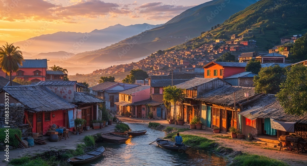 Naklejka premium Vibrant Village Scene at the Break of Dawn