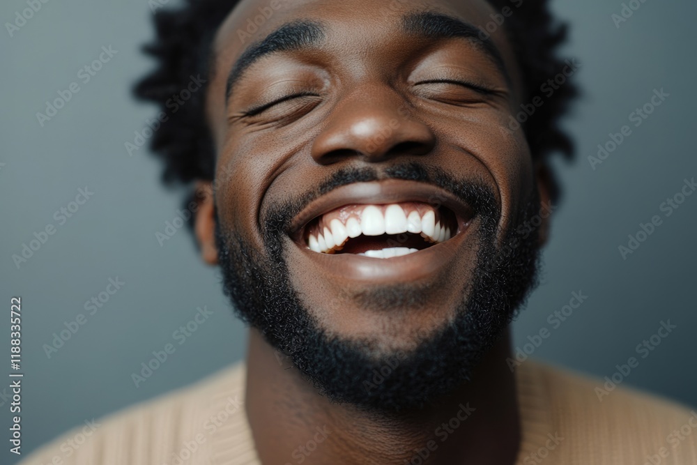 Close up portrait of african american man laughing against gray wall Close up portrait of african american man laughing against gray wall