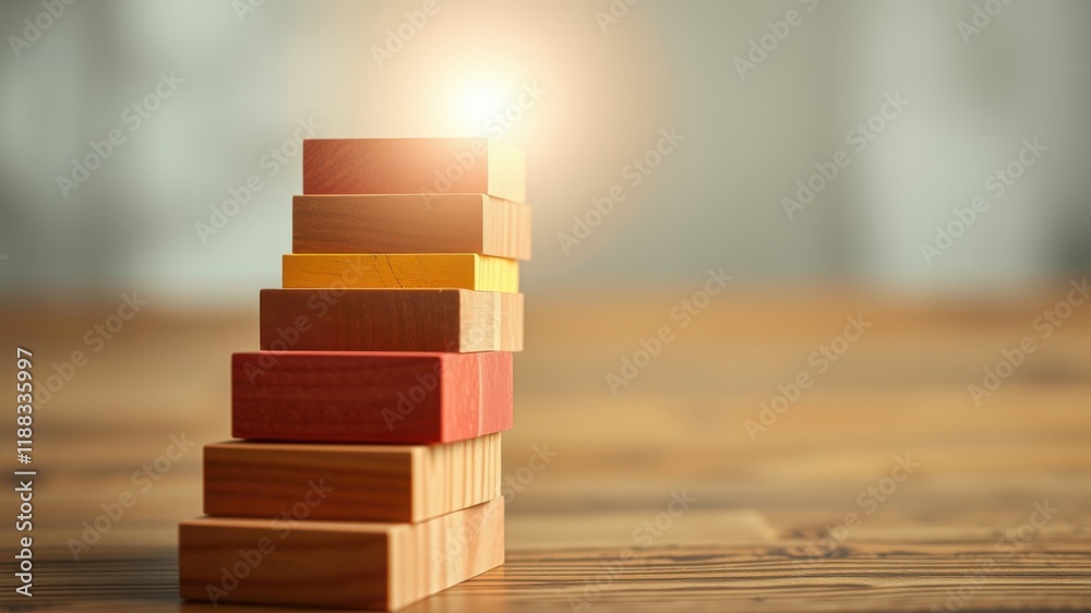 A Stack of Wooden Blocks on a Wooden Surface, Representing Growth and Progress, with Soft Light Shining from Above A Stack of Wooden Blocks on a Wooden Surface, Representing Growth and Progress, with Soft Light Shining from Above