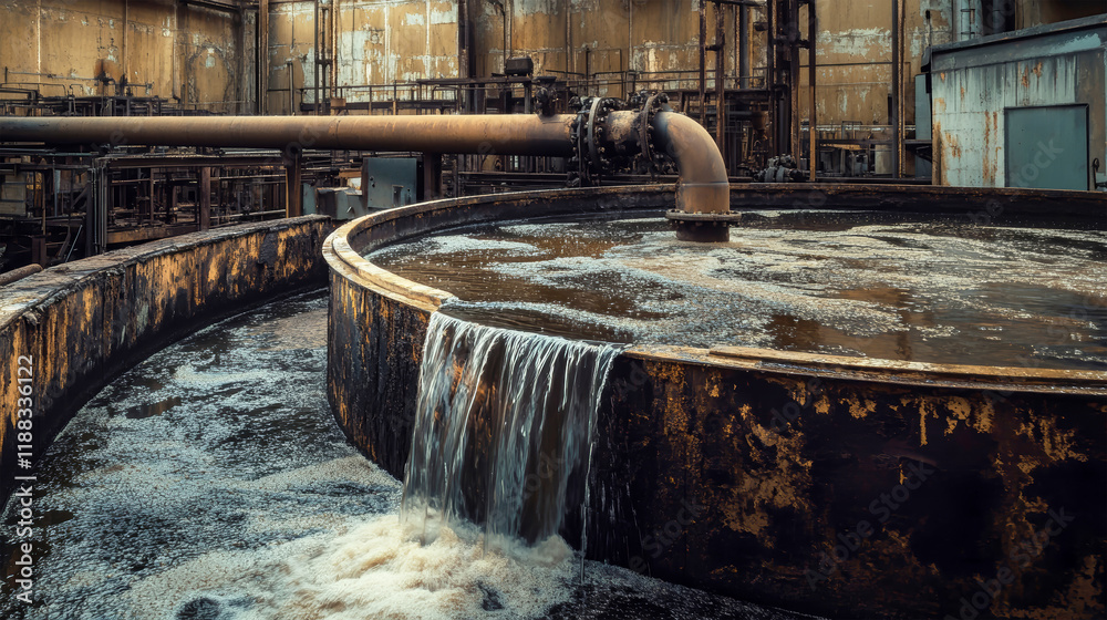 Industrial water tank with flowing liquid in a metalworking plant creating a dynamic industrial atmosphere Industrial water tank with flowing liquid in a metalworking plant creating a dynamic industrial atmosphere