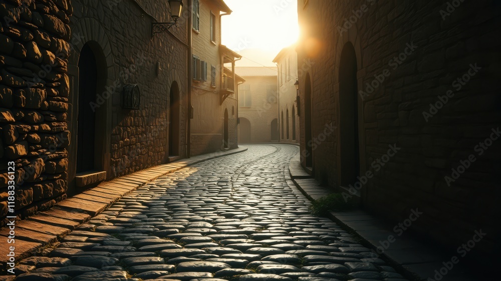 Naklejka premium Cobblestone pathway winding through a historic town, bathed in the golden glow of the morning sun