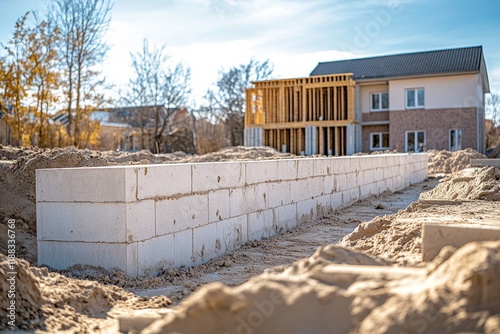 A wall of white concrete blocks is being built on the construction site.