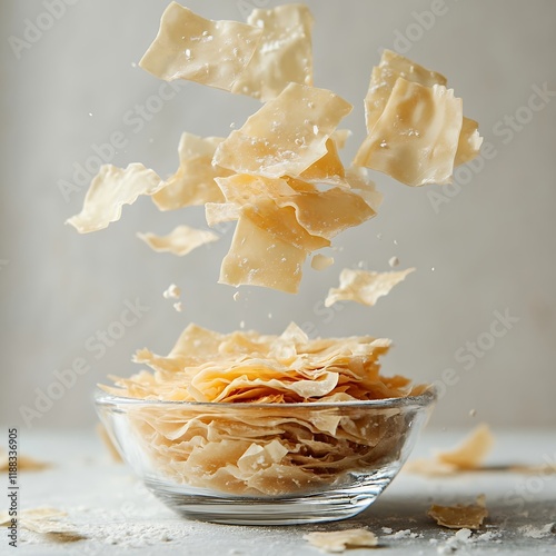 Crispy Phyllo Pastry Falling Into Glass Bowl photo