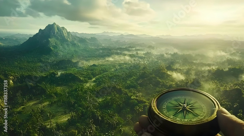 Fototapeta Naklejka Na Ścianę i Meble -  A compass guides through a misty, green jungle landscape, leading towards adventure and discovery.
