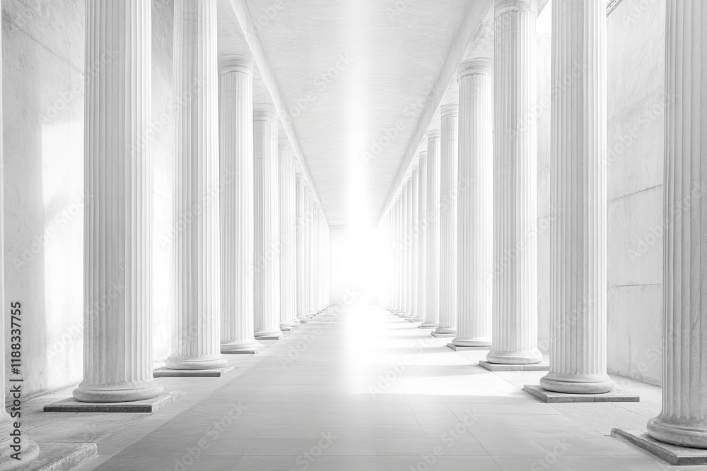 A wide, empty concrete corridor with symmetrical columns and a white light beam illuminating the center of it. A wide, empty concrete corridor with symmetrical columns and a white light beam illuminating the center of it.