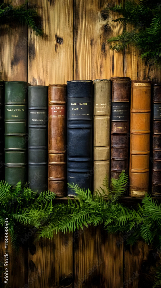 Antique Books Line a Wooden Shelf, Framed by Lush Ferns, Creating a Vintage Study Atmosphere. Antique Books Line a Wooden Shelf, Framed by Lush Ferns, Creating a Vintage Study Atmosphere.