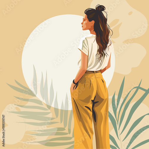 Vector illustration of a beautiful girl in a white T-shirt and yellow trousers.