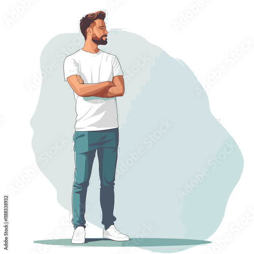 Young man in casual clothes standing with crossed arms. Vector illustration.