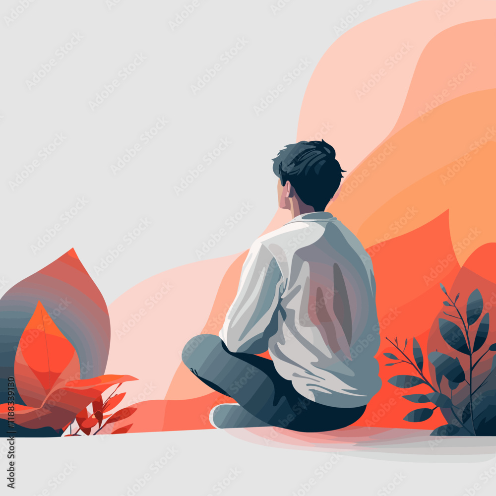 Young man sitting on the ground and thinking about something. Vector illustration Young man sitting on the ground and thinking about something. Vector illustration