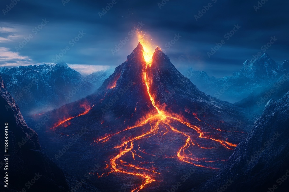An erupting volcano with lava flowing down. An erupting volcano with lava flowing down.