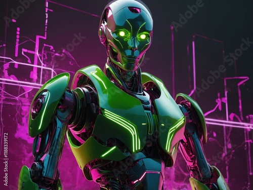 Futuristic robot with neon accents standing against a dark holographic backdrop in a high-tech environment photo