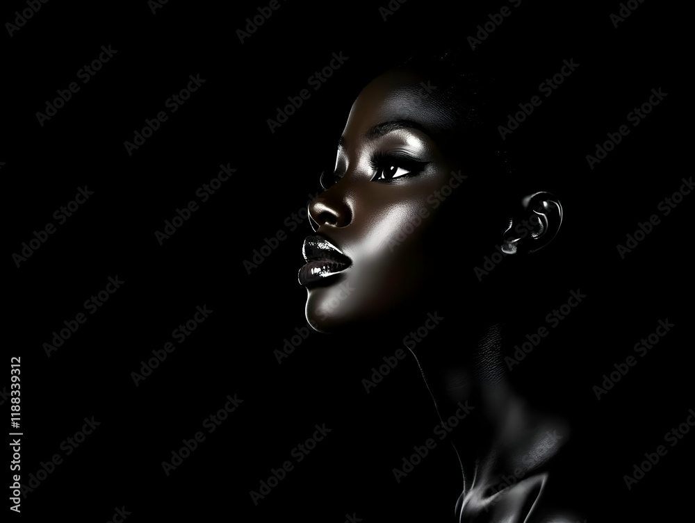 3D Rendered Woman with Dark Skin and Glossy Lips Gazing Upward Against a Black Background 3D Rendered Woman with Dark Skin and Glossy Lips Gazing Upward Against a Black Background