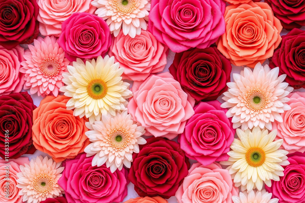 Fototapeta premium Dense array of artificial flowers in various colors textures