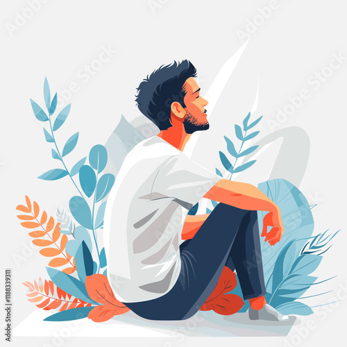 Hipster man sitting on the floor and thinking. Vector illustration