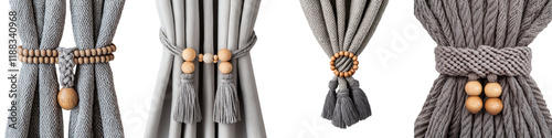 Elegant gray curtain tassels and decorative beaded strings hanging in a modern minimalist interior design  The curtains create a cozy and serene atmosphere photo