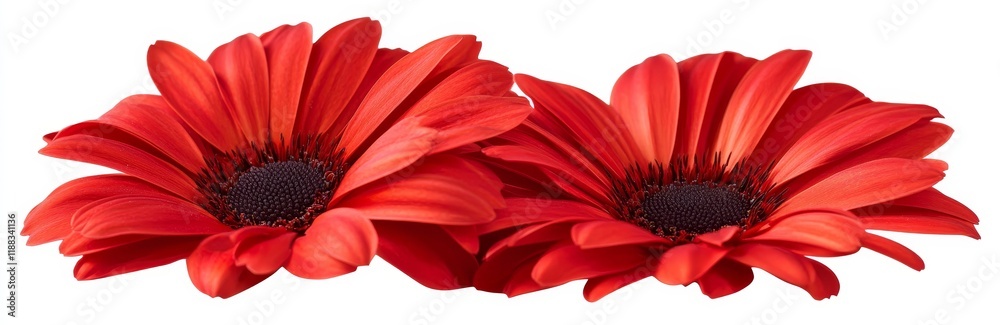 Three vibrant red gerbera daisies arranged in a row, isolated on white background. Three vibrant red gerbera daisies arranged in a row, isolated on white background.