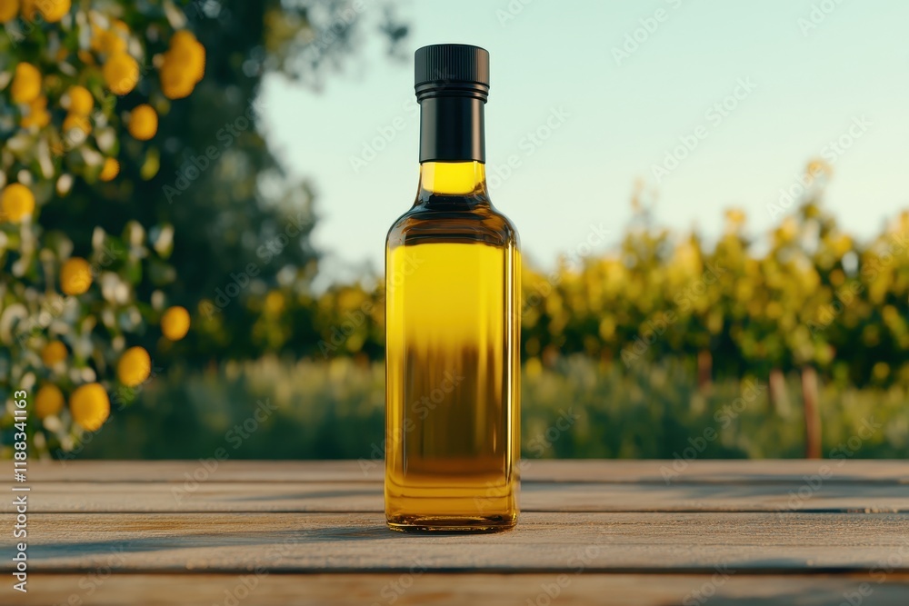 Glass Bottle of Olive Oil on Wooden Table Surrounded by Vibrant Lemon Trees in a Picturesque Vineyard Setting Under Bright Blue Sky Glass Bottle of Olive Oil on Wooden Table Surrounded by Vibrant Lemon Trees in a Picturesque Vineyard Setting Under Bright Blue Sky