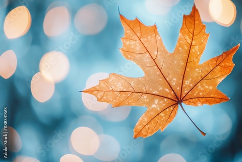Close-up of an autumn leaf, with orange and brown hues, against a bokeh background with blue lights.