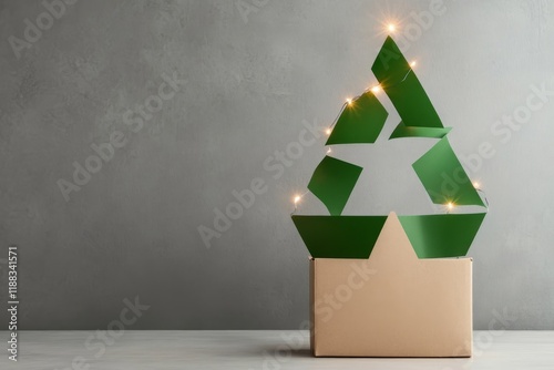 Creative green paper Christmas tree decoration with warm lights on simple box display. Waste recycling, second life of things, eco concept. photo