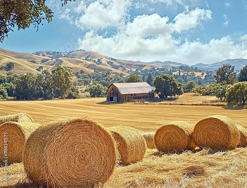 A picturesque countryside scene featuring golden hay bales and rustic barns nestled amidst rolling hills under the warm glow of a sunny day photo