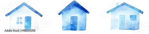 Three watercolor houses in blue shades, simple design.