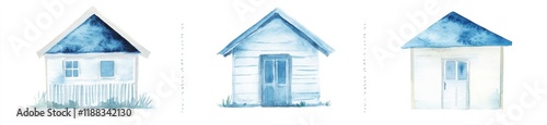 Watercolor painting of three blue houses.
