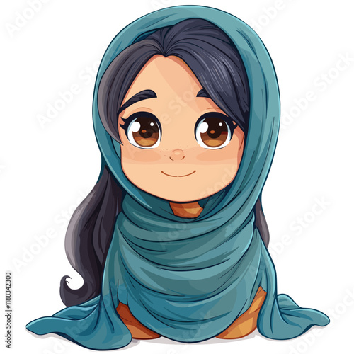 Vector illustration of Cute little Muslim girl in traditional clothes.