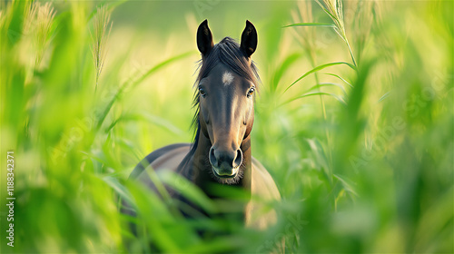 A beautiful black horse standing in lush green grass, looking directly at the camera with an inquisitive expression. Perfect for nature and equestrian themes. photo