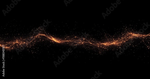 Abstract orange glowing wave particles on black background.