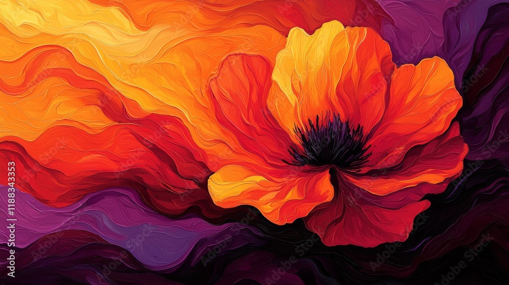 Fototapeta premium A vibrant, abstract painting of a poppy flower in shades of orange and purple, blending colors to create a dynamic visual experience.